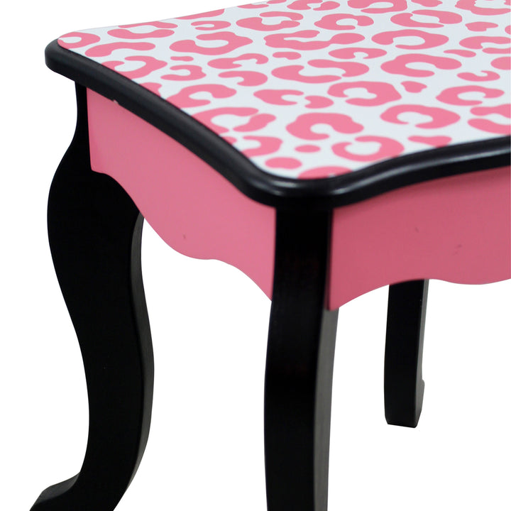 A Fantasy Fields Gisele Leopard Print Vanity Playset, Pink/Black table with a leopard print design.