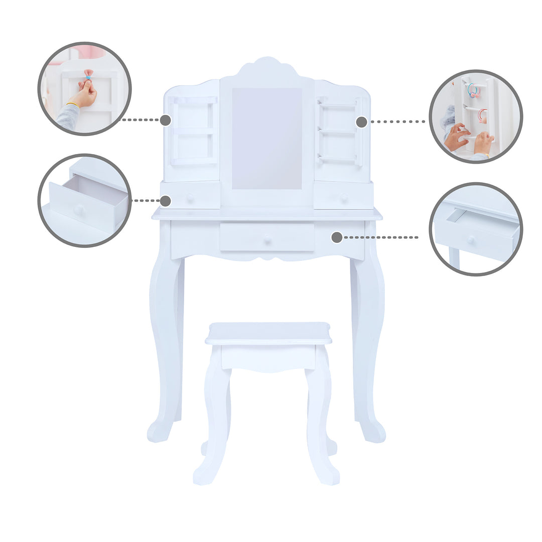 Callout features about the white vanity table include two photos of the storage drawers open and two photos of how to hang items 