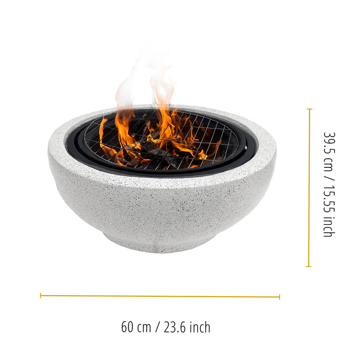 Dimensions in inches and centimeters of a Teamson Home Outdoor 24" Wood Burning Fire Pit with Grill Grate and Faux Concrete Base, Gray