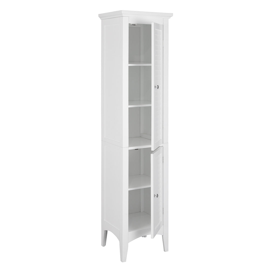 A high-quality Teamson Home Glancy Wooden Tall Tower Cabinet with Storage, White corner bathroom storage cabinet with open upper shelves and closed lower shelves.
