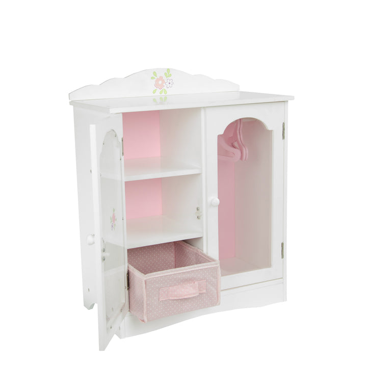 A Olivia's Little World Little Princess Toy Closet with Hangers for 18" Dolls, Gray/Pink with a pink door and drawers, perfect for room decoration and storage.
