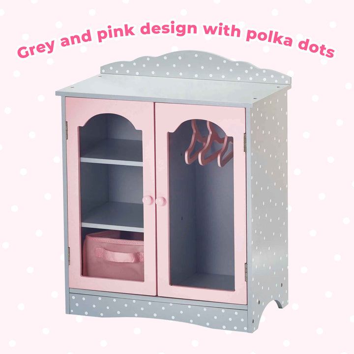 A closet for 18" dolls in gray with white polka dots and pink accents with a caption, "Grey and pink design with polka dots."