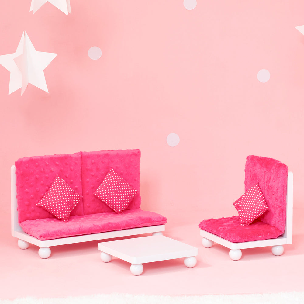 Olivia's Little World Little Princess Lounge Set with Couch, Chair and Coffee Table, Hot Pink/White.