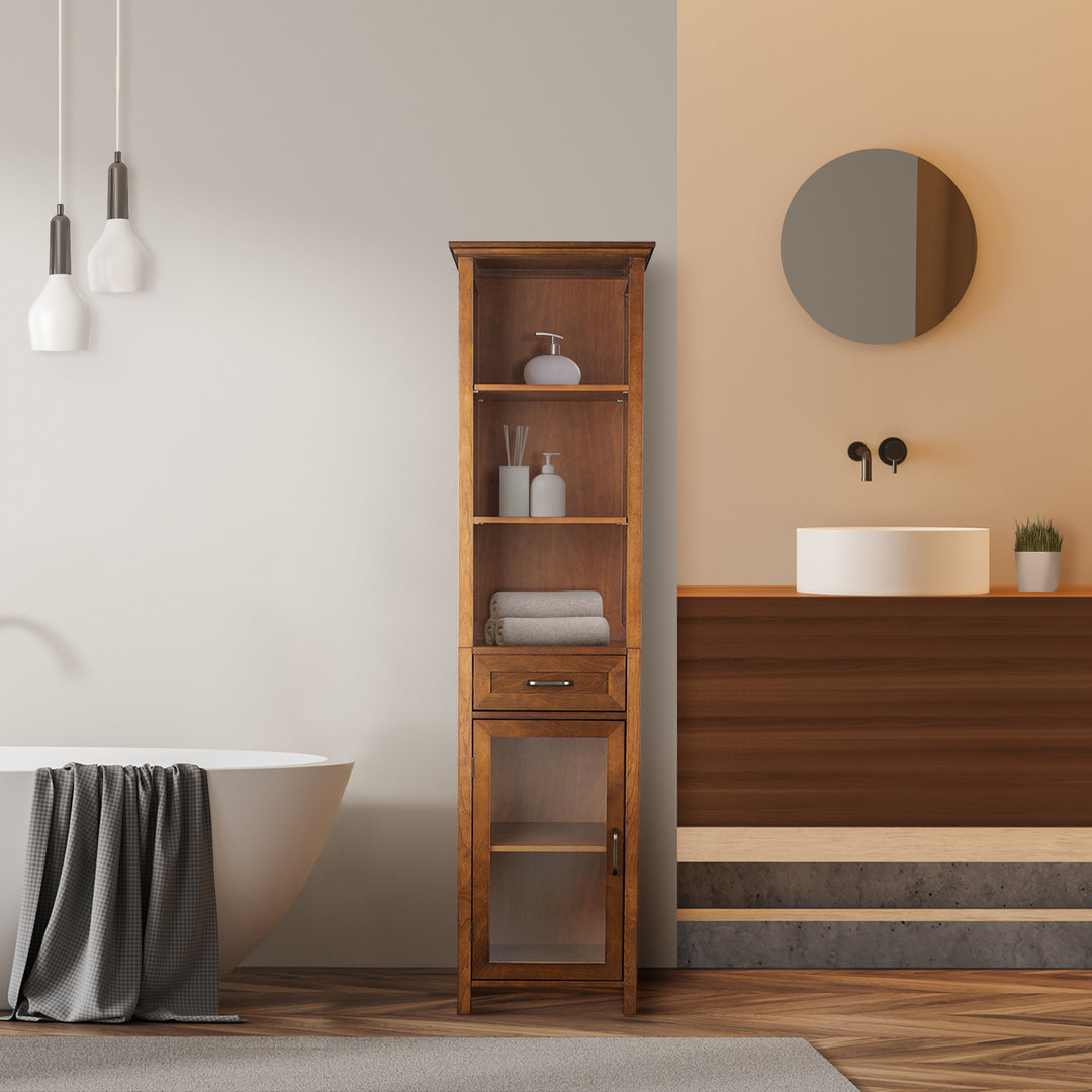 Modern bathroom interior with a Teamson Home Avery Linen Cabinet with Open Shelves and Storage Drawer, Oiled Oak, bathtub, minimalist decor, and tempered glass.