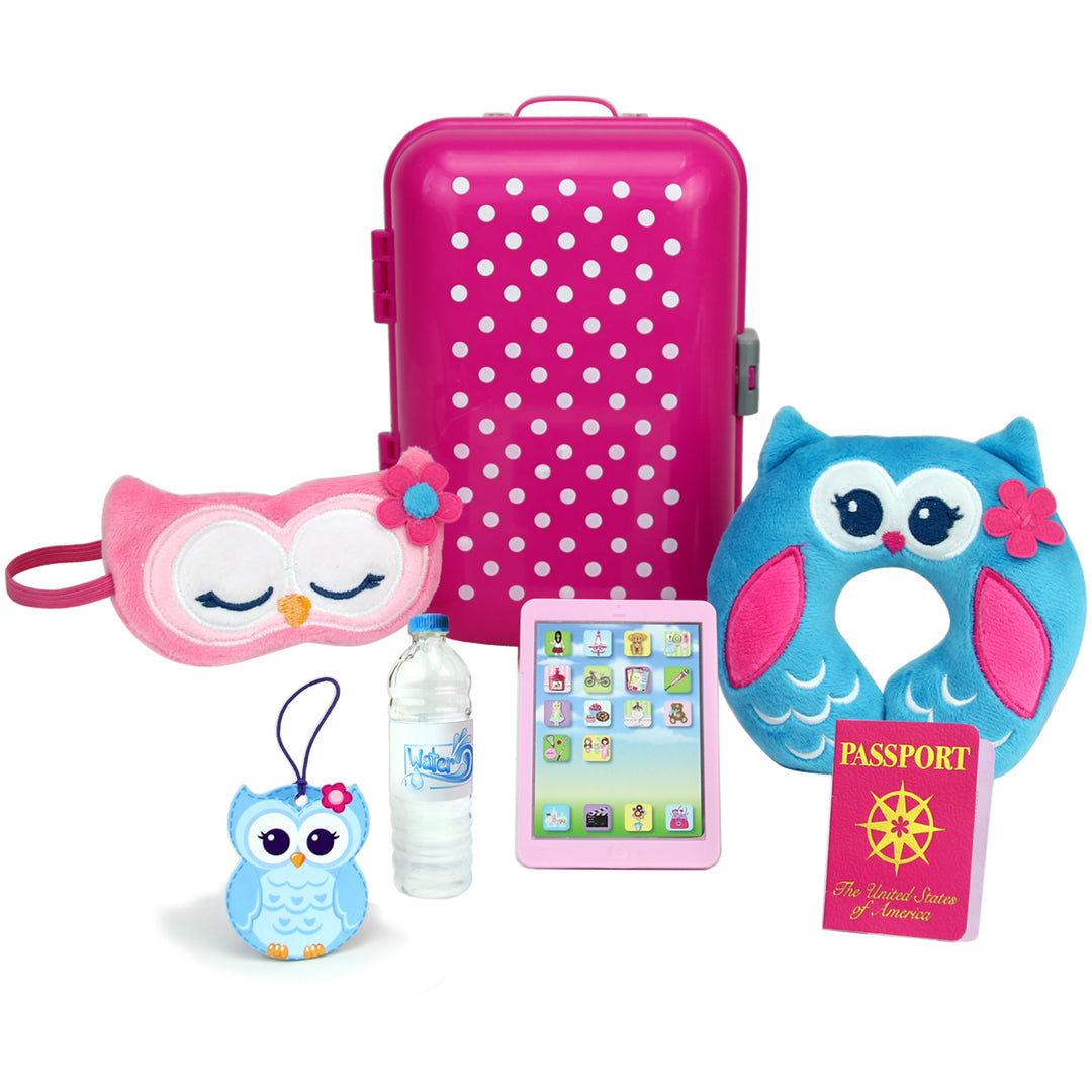 Sized for 18" dolls, this set includes a pink hardside suitcase, owl sleep mask and travel pillow, owl luggage tag, bottle of water, passport, and a mobile tablet.