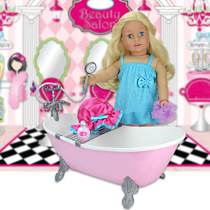 A Sophia's Pink Bathtub and Shower Accessories Set for 18" Dolls is standing next to a pink bath tub, ready for bath time.
