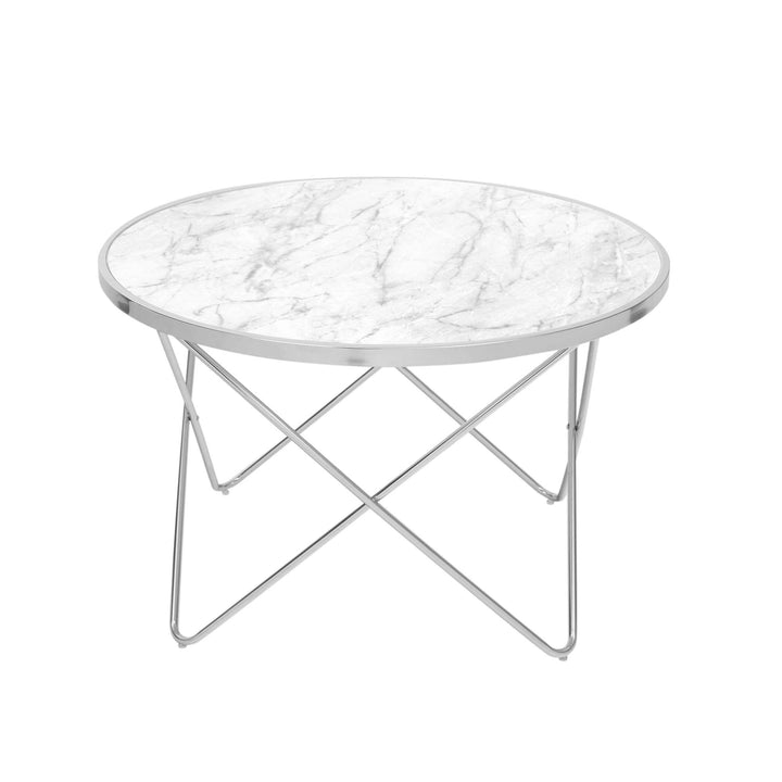 Teamson Home Margo Small Round Faux White Carrara Marble coffee table with chrome legs.