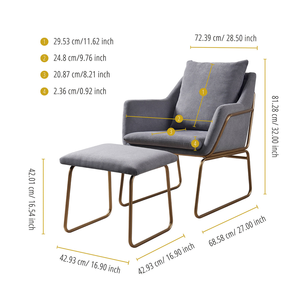 Dimensions in inches and centimeters of the Miller gray armchair and ottoman with gray fabric and gold framework.