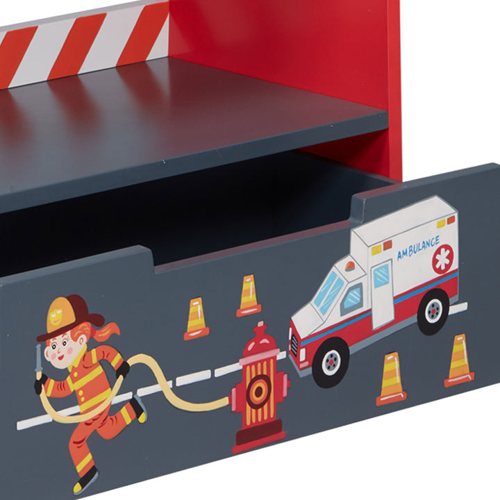 A children's Fantasy Fields Little Fire Fighters Bookshelf with Drawer, Red featuring a fireman and fire truck on it.
