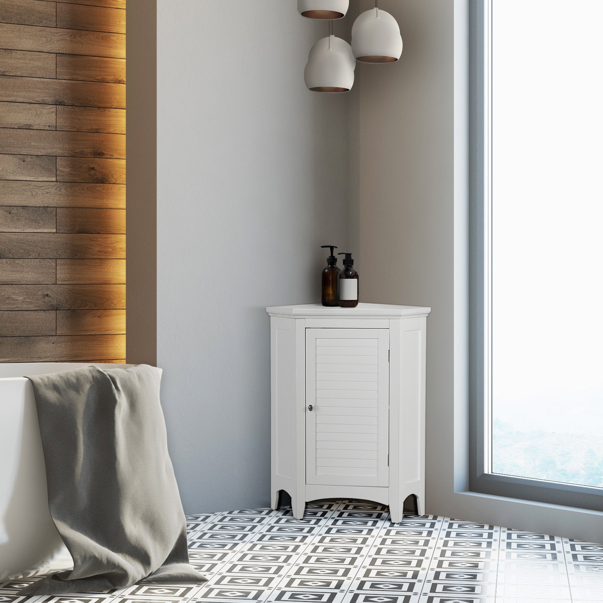 Teamson Home Glancy Wooden Corner Floor Cabinet with Shutter Door, White