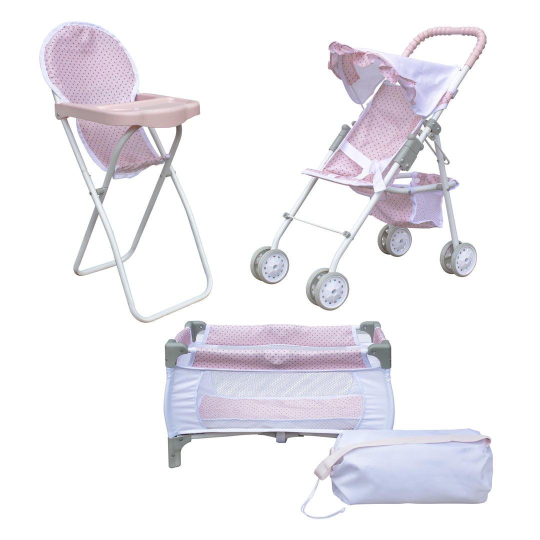 3-in-1 Baby Doll Nursery Set, Pink/White featuring a high chair, a stroller, and a play pen with stowaway bag.