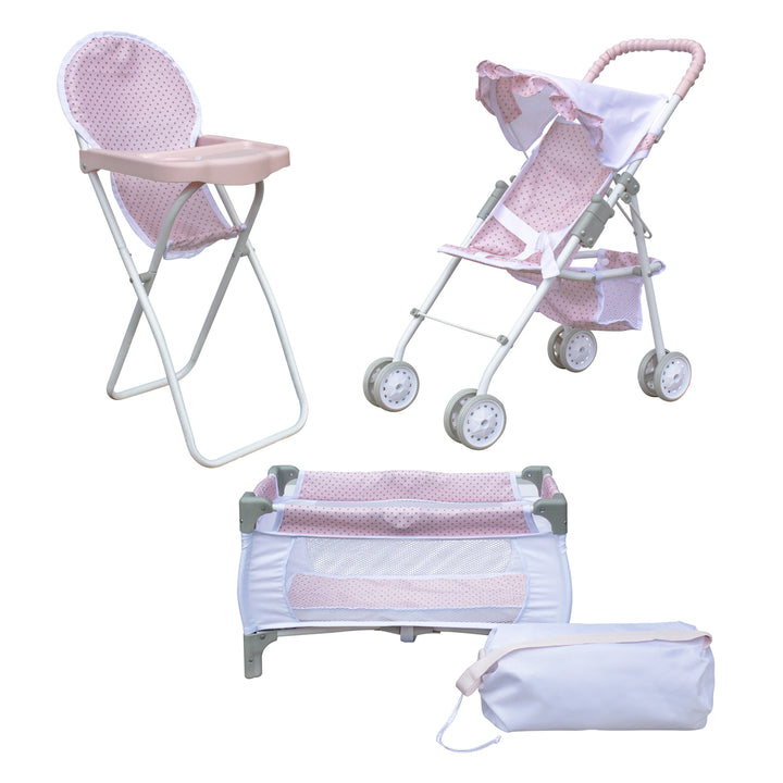 3-in-1 Baby Doll Nursery Set, Pink/White featuring a high chair, a stroller, and a play pen with stowaway bag.