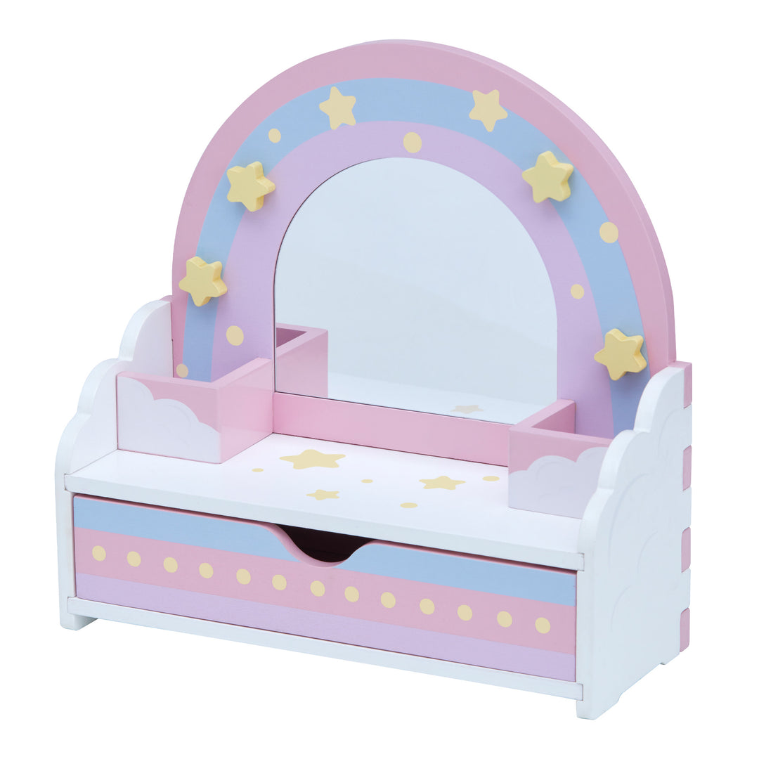 A Teamson Kids Little Dreamer Wooden Tabletop Vanity Set with 9 Play Accessories in pink and blue with stars on it.