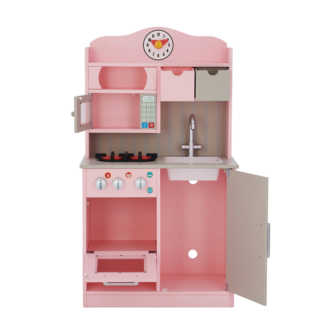 A Teamson Kids Little Chef Florence Classic Play Kitchen, Pink/Gray with a clock, microwave, and stove with the doors open.