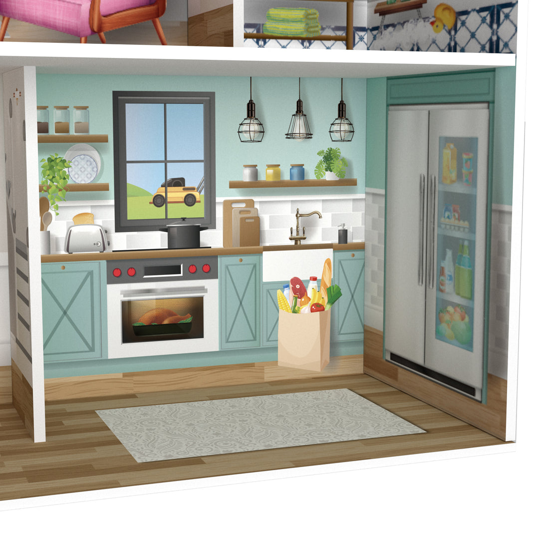 A close-up of the fully-illustrated farmhouse kitchen with a window, refrigerator, sink and rug.