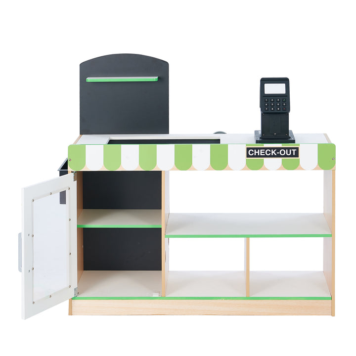 Image shows the front of the Teamson Kids Cashier Austin Play Market Checkout Counter with the door open to show the additional storage or display shelves.