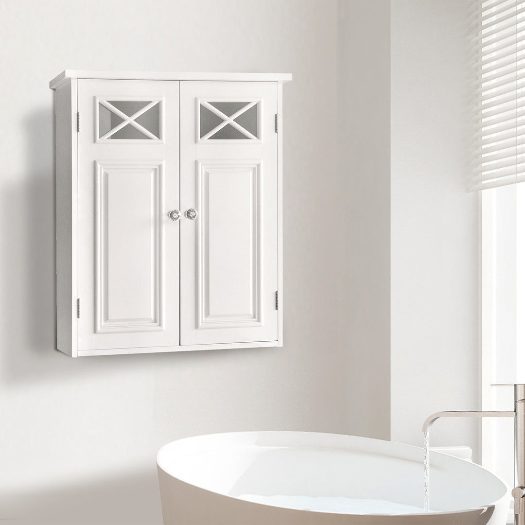 Teamson Home White Dawson Removable Wall Cabinet with Cross Molding next to a modern style sink