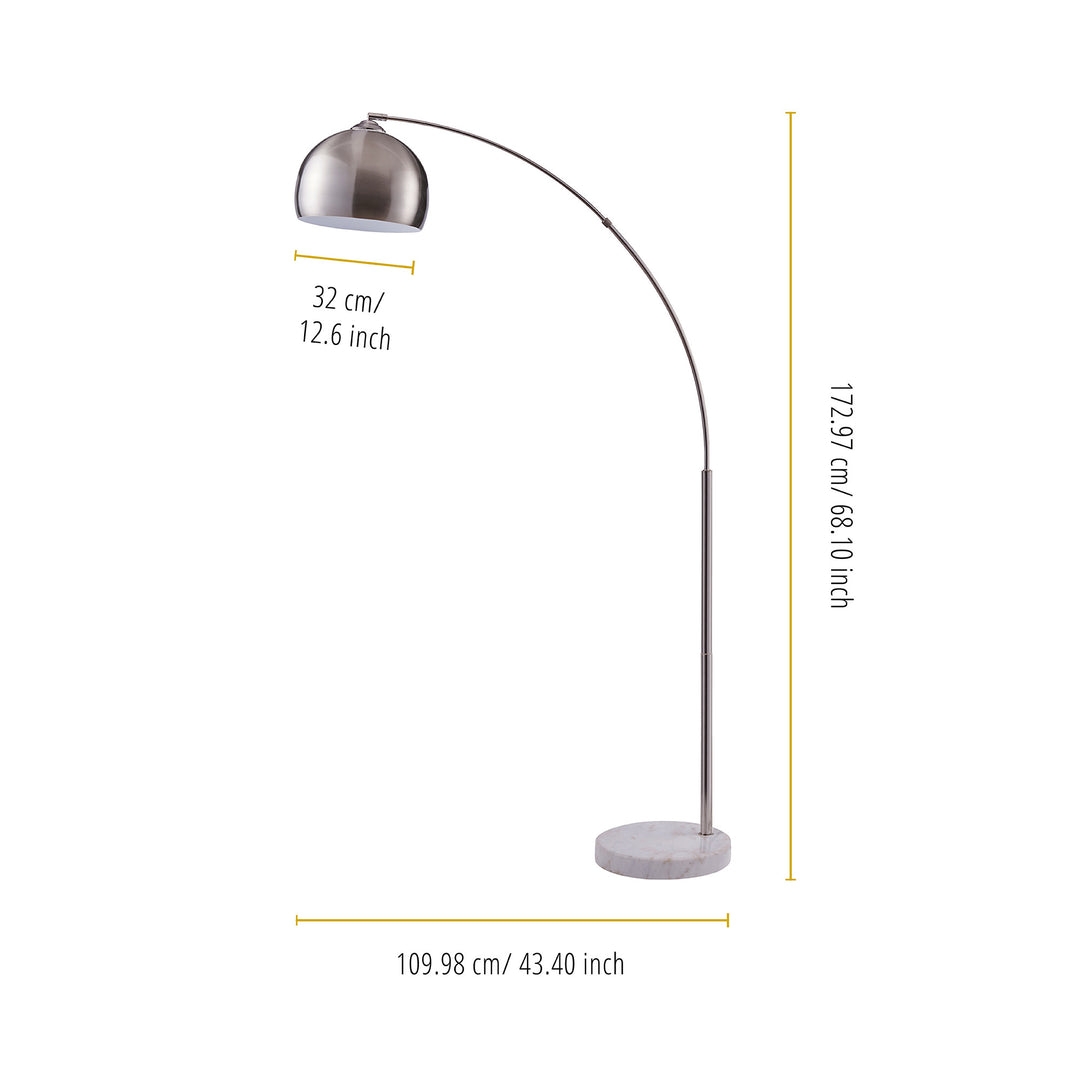 An image of a Teamson Home Arquer Arc 68" Metal Floor Lamp with Bell Shade, Polished Nickel to illuminate a bedroom, with measurements.