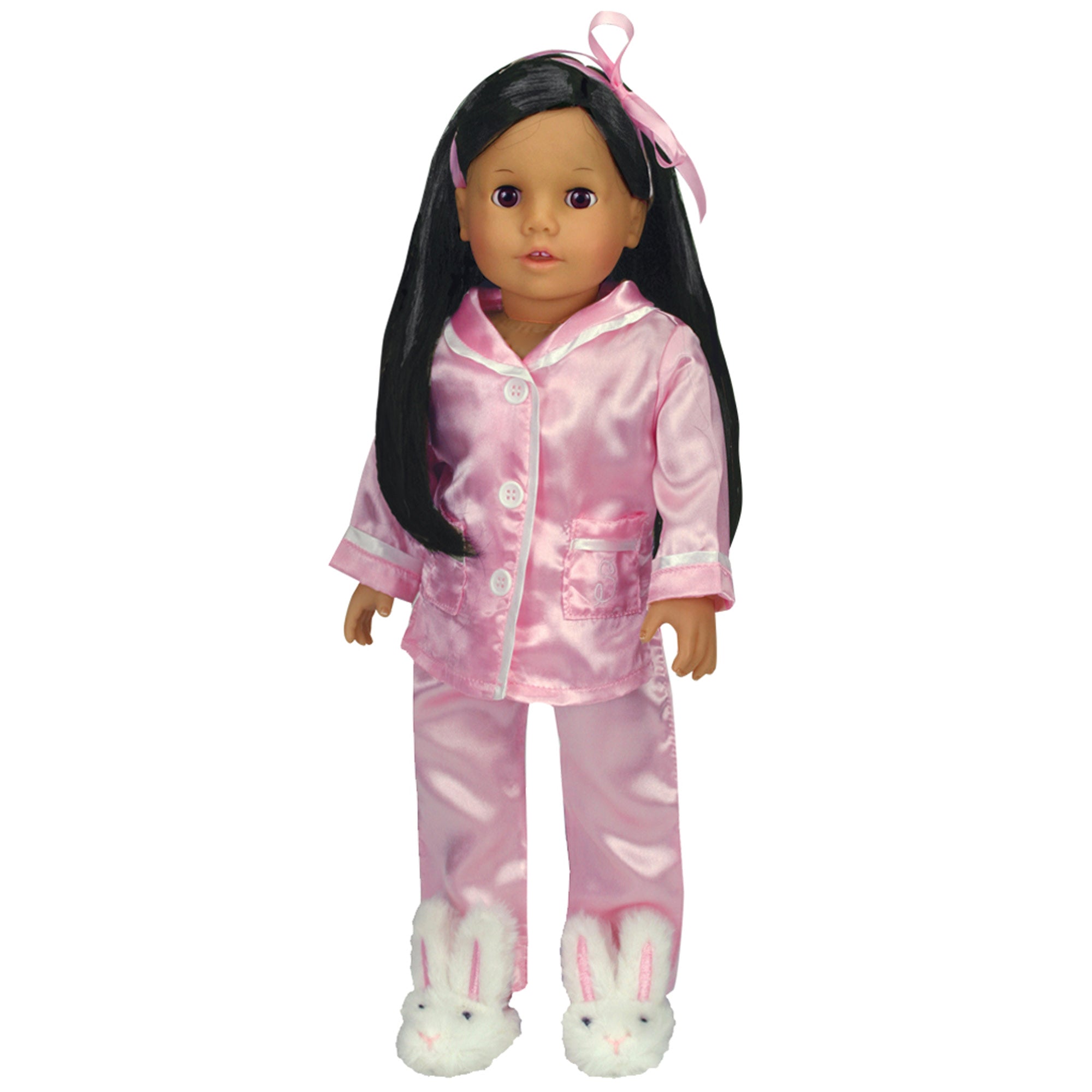 Sophia’s Super Cute Basic Solid-Colored Mix & Match Luxurious Satin Pajama Set with Fuzzy Bunny Slippers for 18” Dolls, Pink