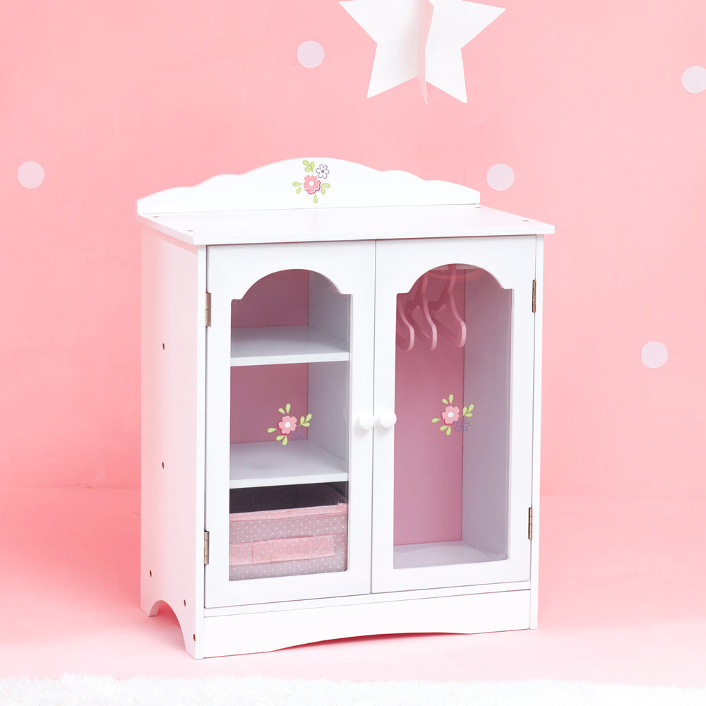 A white Olivia's Little World Little Princess Toy Closet with Hangers for 18" Dolls, Gray/Pink, perfect for room decoration.