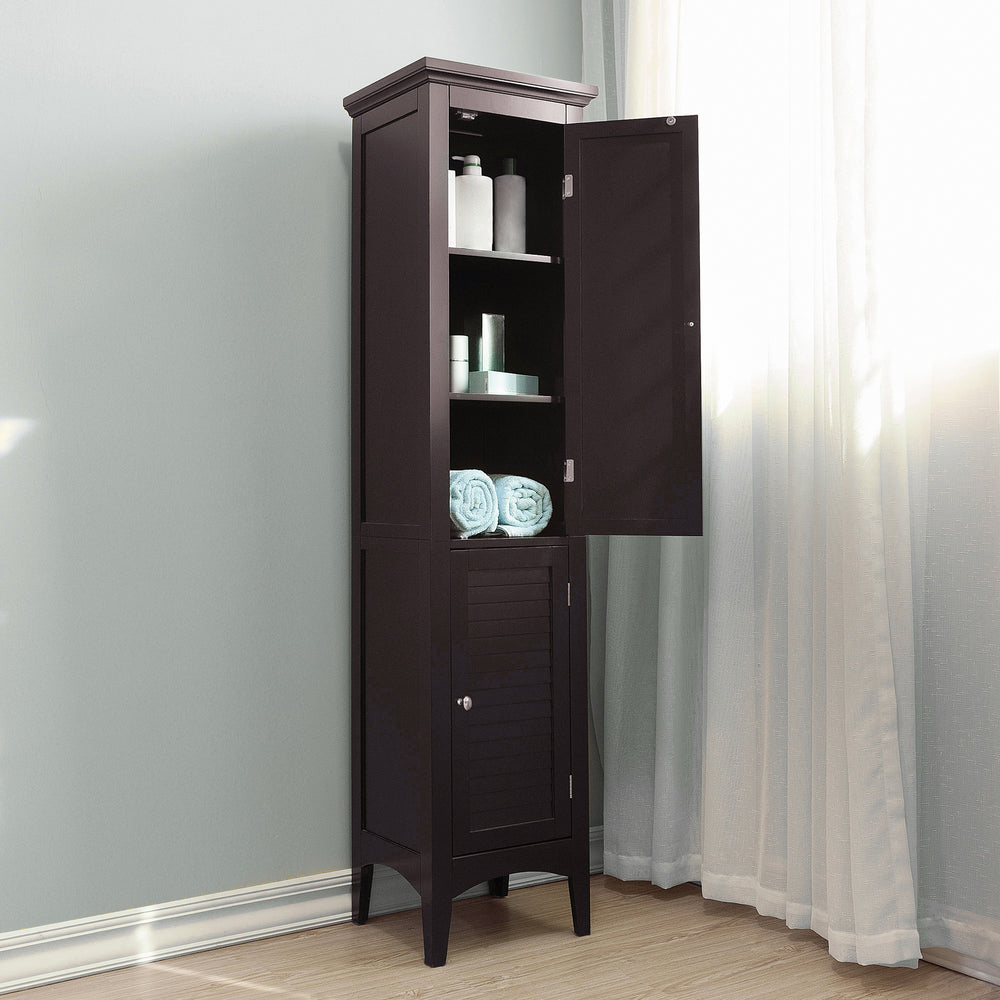 A Dark Brown Teamson Home Glancy Linen Cabinet with louvred doors open revealing shelves stocked with towels and toiletries for your bathroom space.