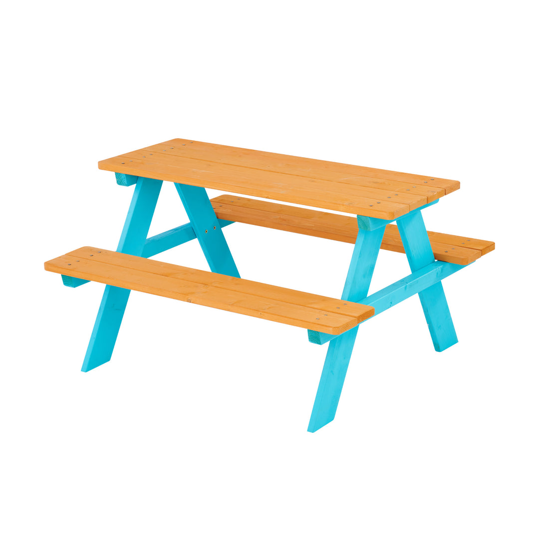 Versatile Teamson Kids Child Sized Wooden Outdoor Picnic Table, Warm Honey/Aqua with natural finish tabletop and benches.