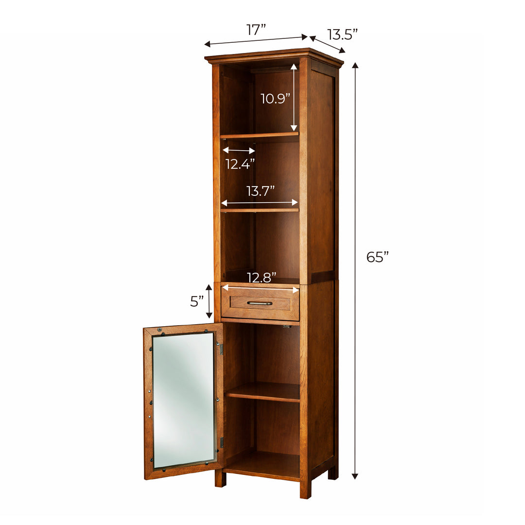 Dimensions in inches both exterior and interior for the Teamson Home Avery Linen Cabinet with Open Shelves and Storage Drawer, Oiled Oak