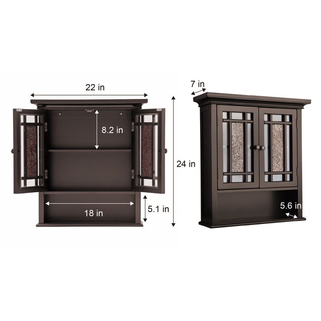 A open and a closed Teamson Home Dark Espresso Windsor Removable Wall Cabinet with Glass Mosaic Doors with dimensions in inches listed on both