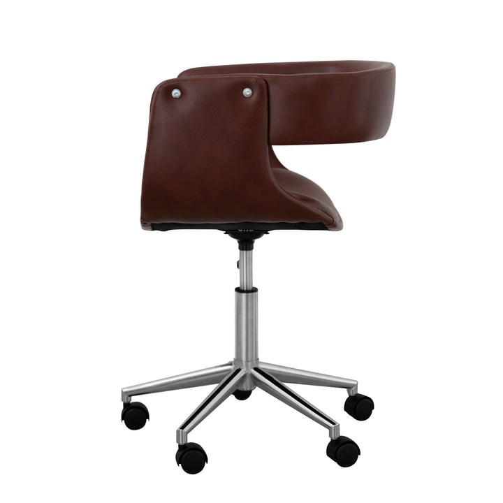 Teamson Home's Faux Brown Leather Mid-Century Modern Adjustable Office Chair viewed from the side.