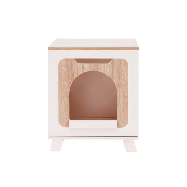 A view of the front of the Elyse Elevated Vented Wooden Cat Litter Box Enclosure Side Table, Tan and white.
