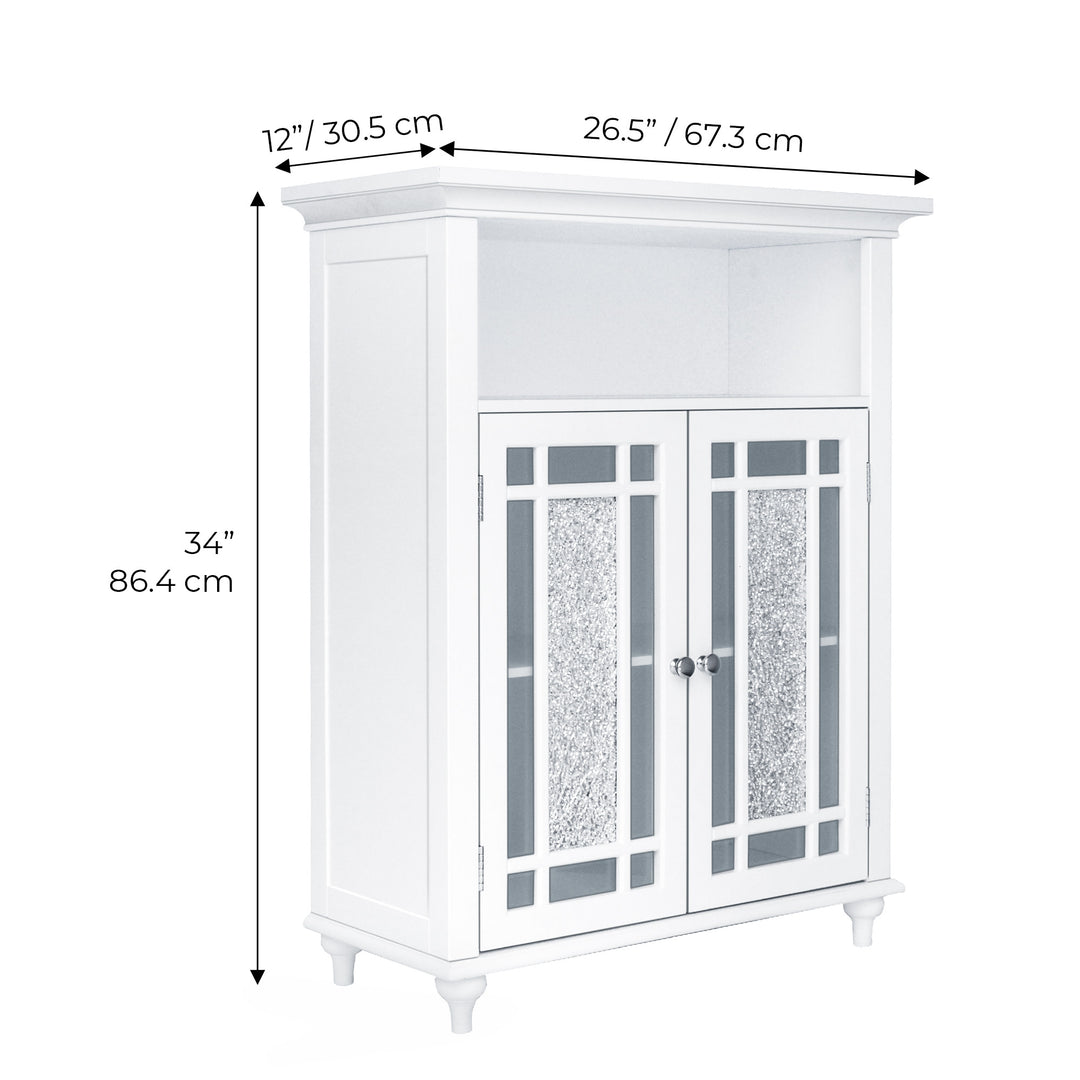 Dimensions in inches and centimeters of a White Teamson Home Windsor Floor Cabinet with Glass Mosaic Doors