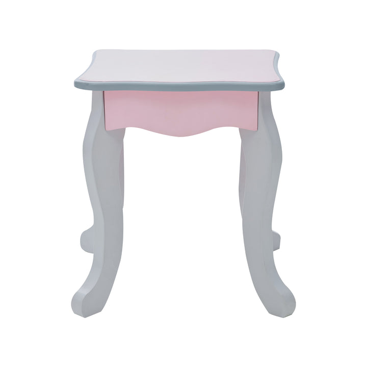 A Teamson Kids Little Princess Rapunzel Vanity Playset, pink and grey side table with a white top.