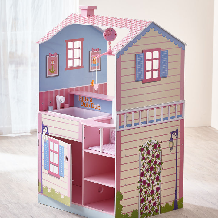 A baby doll changing station/dollhouse combination play set with detailed illustrations of shingles, windows, greenery, and siding in a pastel pallet.