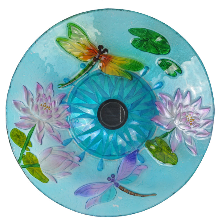 A view from above of the Teamson Home - Outdoor 18Inch Handpainted Dragonfly Fusion Glass Solar Bird Bath - Blue with Purple flowers, Green dragonfly