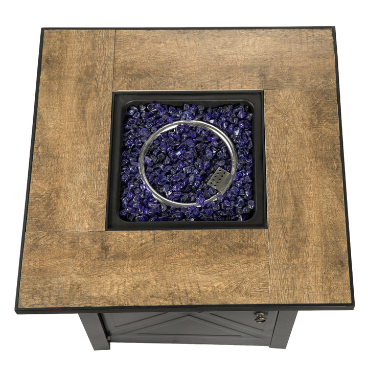 Teamson Home Outdoor Square 30" Propane Gas Fire Pit with Steel Base, Black filled with purple decorative stones 