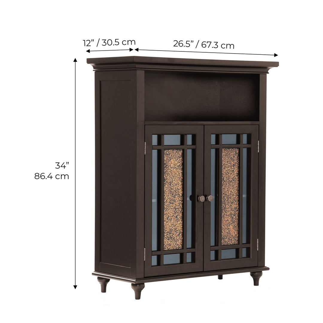 Dimensions in inches and centimeters of the A dark expresso Teamson Home Windsor Floor Cabinet with Glass Mosaic Doors