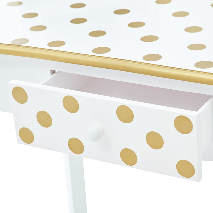 A white and gold polka dot Teamson Kids Gisele Polka Dot Vanity Playset with drawers.