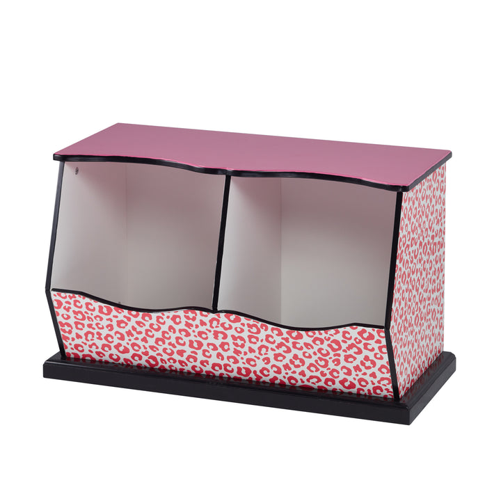 A pink and black two-cubbies storage bench with pink leopard print accents.