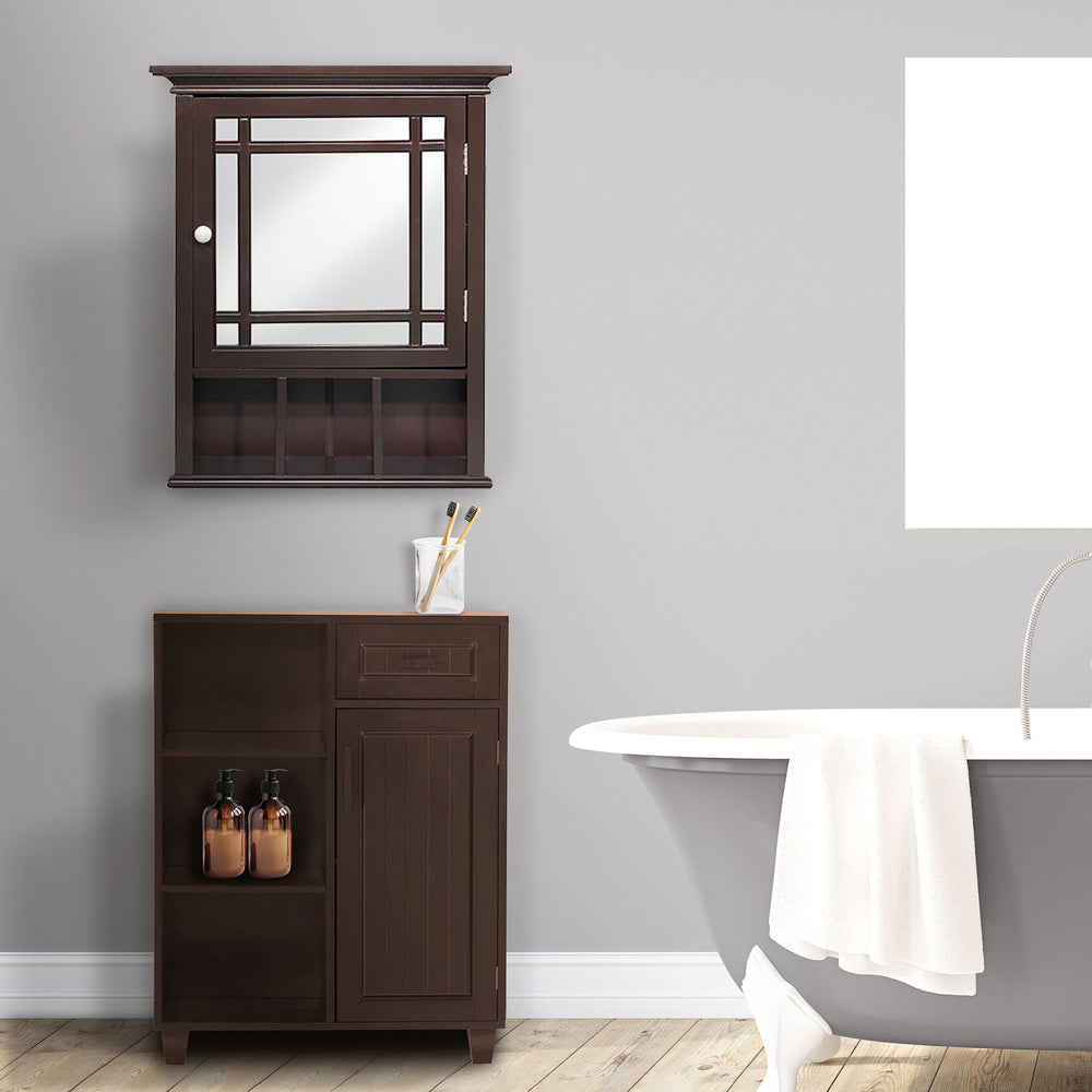 Teamson Home Espresso Neal Mirrored Medicine Cabinet with open shelving in a modern bathroom