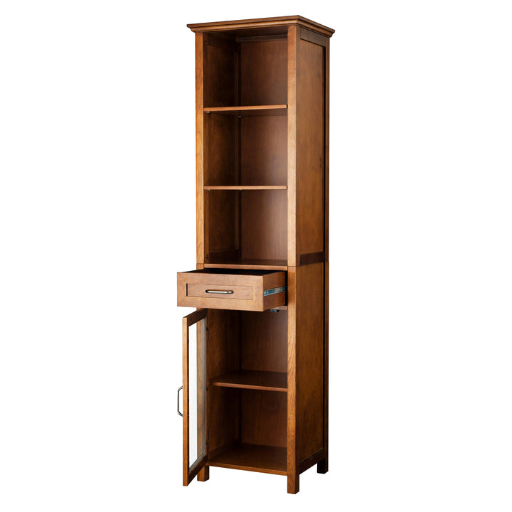 Teamson Home Avery Linen Cabinet with Open Shelves and Storage Drawer, Oiled Oak with the drawer open and the bottom cabinet open