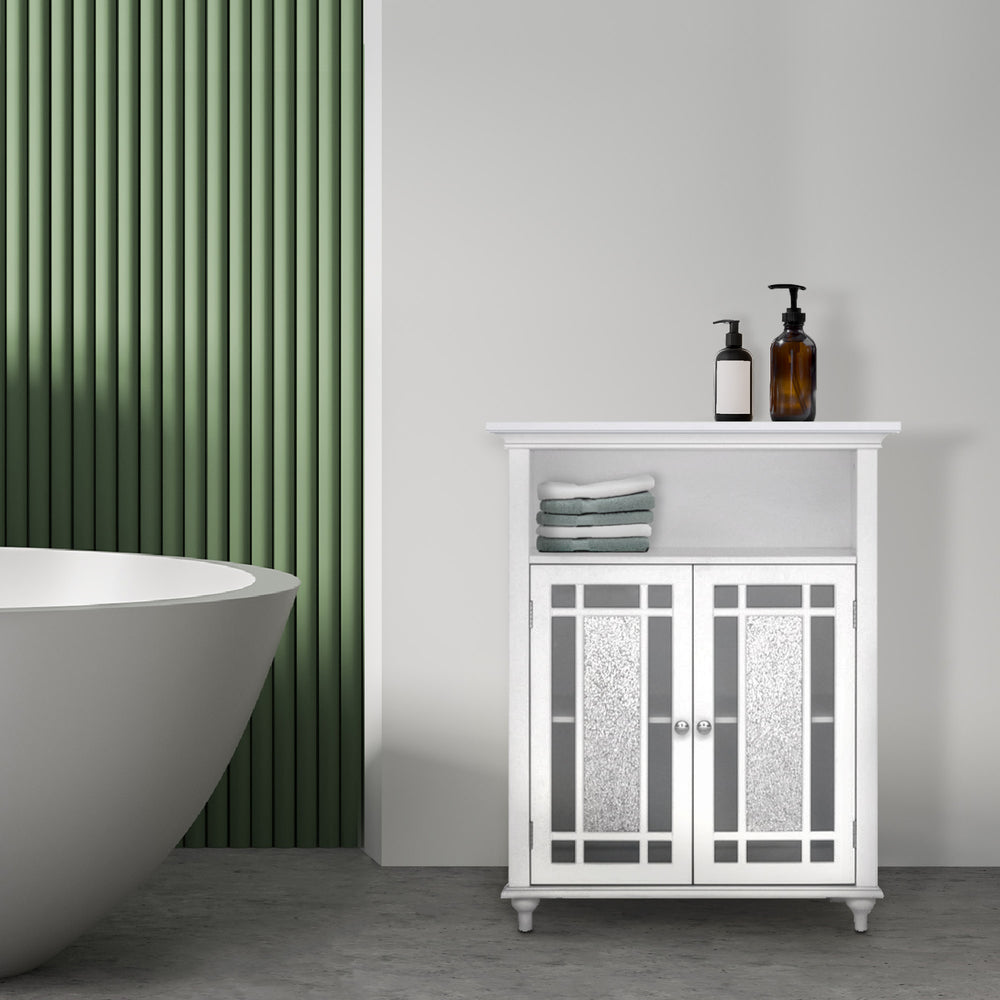 A Teamson Home Windsor Wooden Floor Cabinet with Glass Mosaic Doors, White next to a green tub.