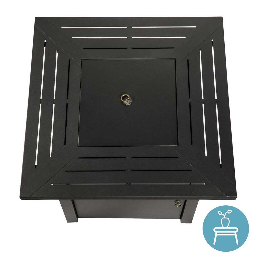 Teamson Home Outdoor Square 30" Propane Gas Fire Pit with Steel Base viewed from above.