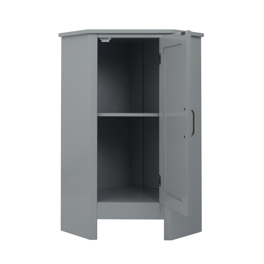 A Teamson Home Mercer Mid Century Modern Gray Corner Floor Storage Cabinet with the door open revealing the adjustable shelf