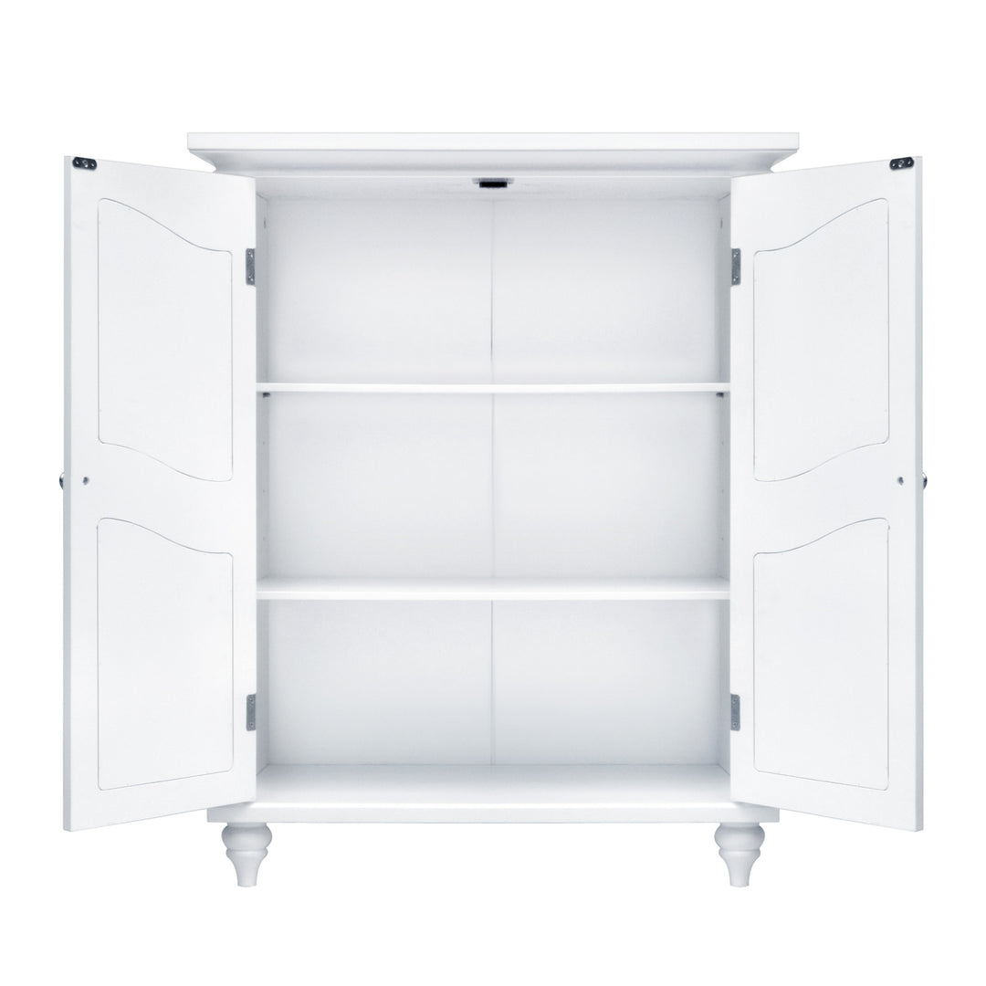 Teamson Home Versailles Wooden Floor Cabinet, White with doors open and shelves visible