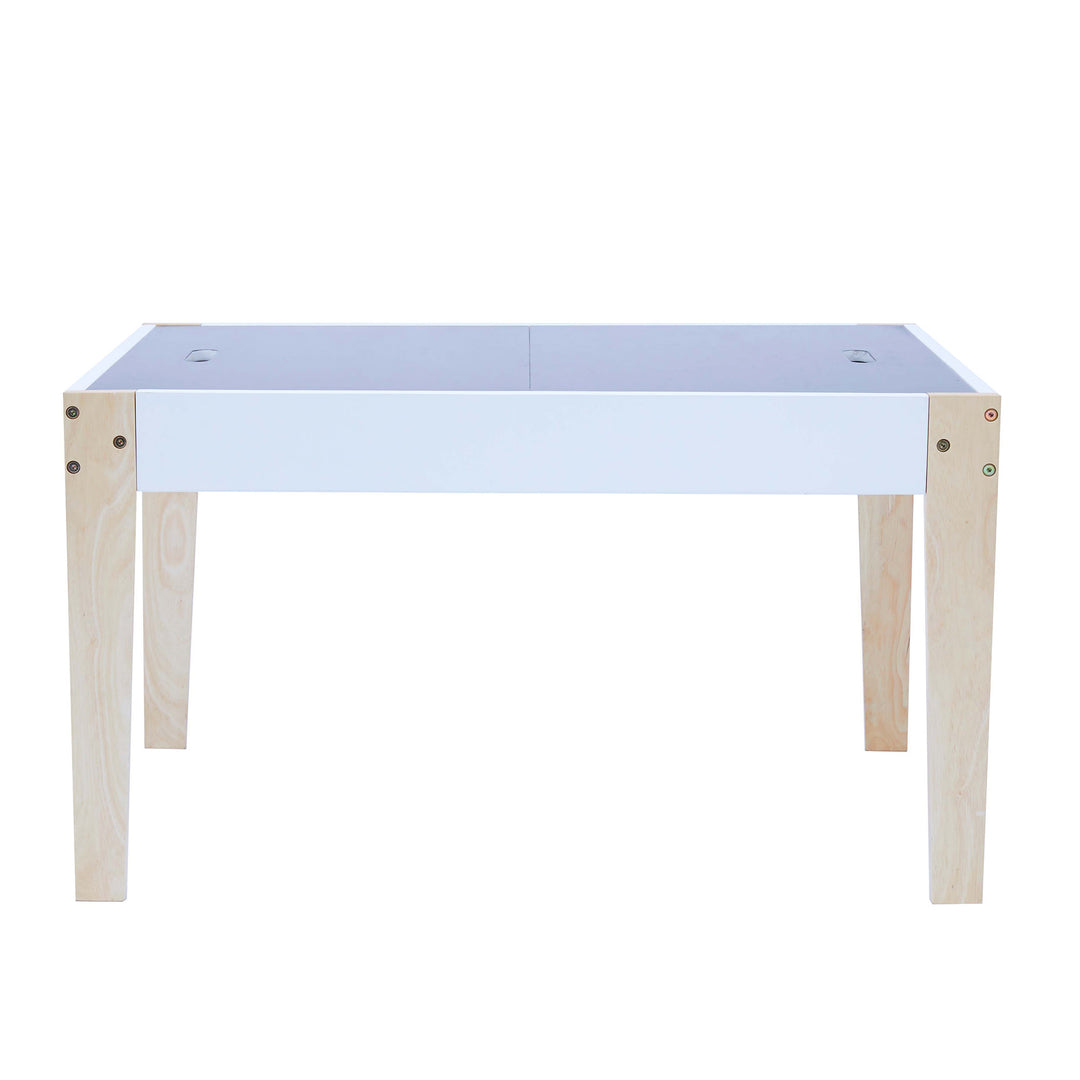 A white and wood child-sized table.