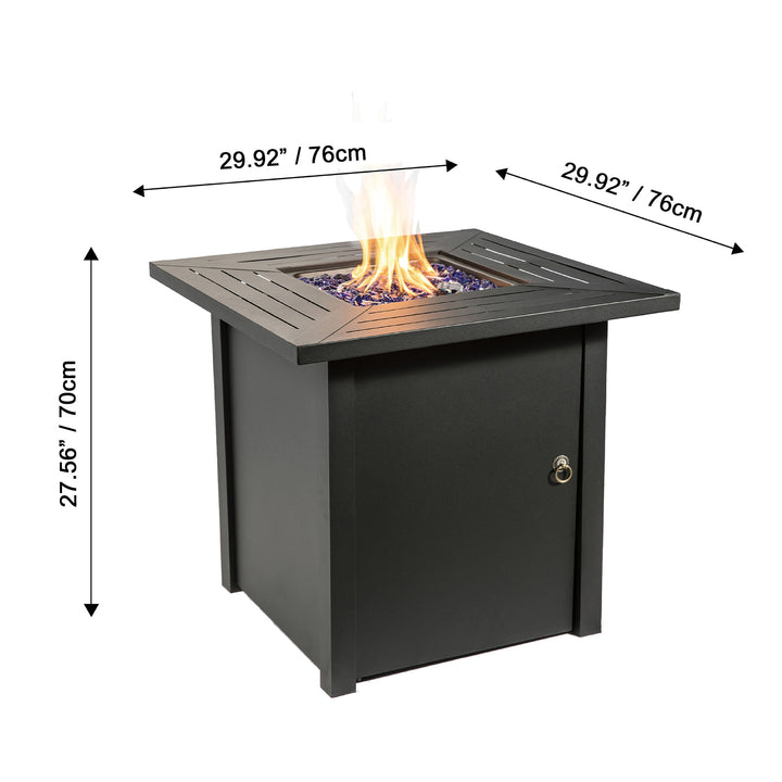 Teamson Home Outdoor Square 30" Propane Gas Fire Pit with Steel Base with measurements displayed in inches and centimeters