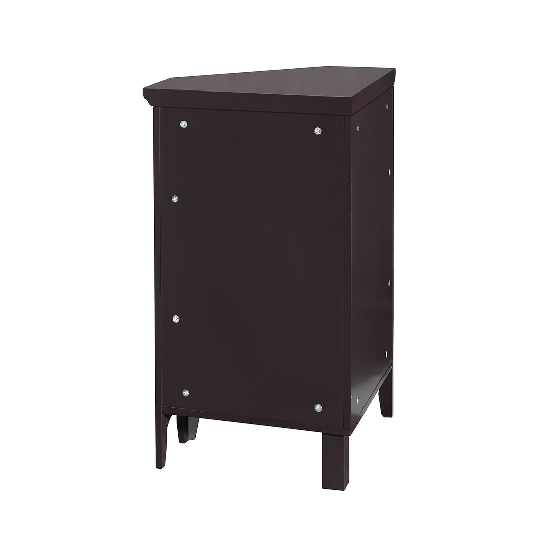 A view of the back of the Dark Brown Glancy Corner Floor Cabinet with a louvered door and a chrome knob