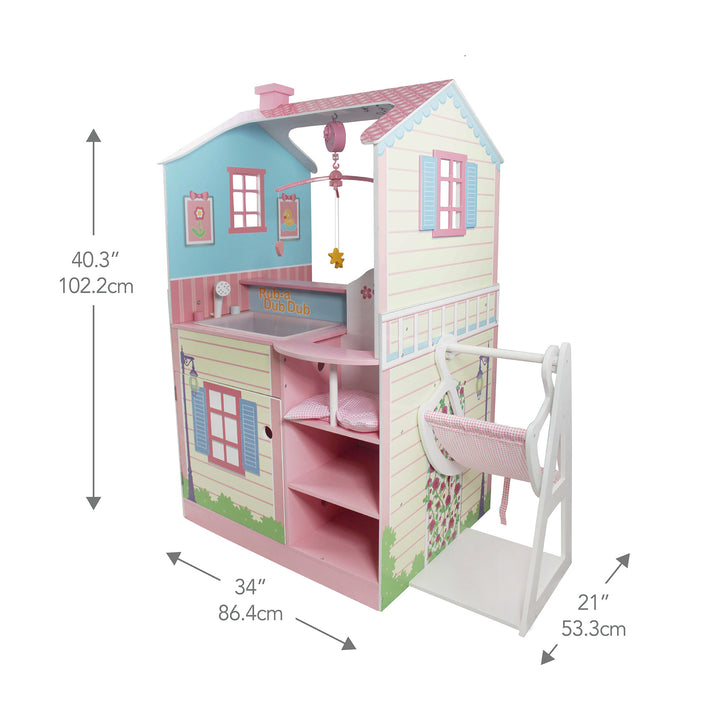 Dimensions in inches and centimeters of a baby doll changing station/dollhouse combination play set in a pastel pallet with an individual baby doll swing.