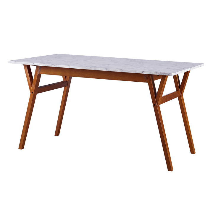 A Teamson Home Ashton Rectangular Marble-Look Dining Table with Wood Base, Marble/Walnut.