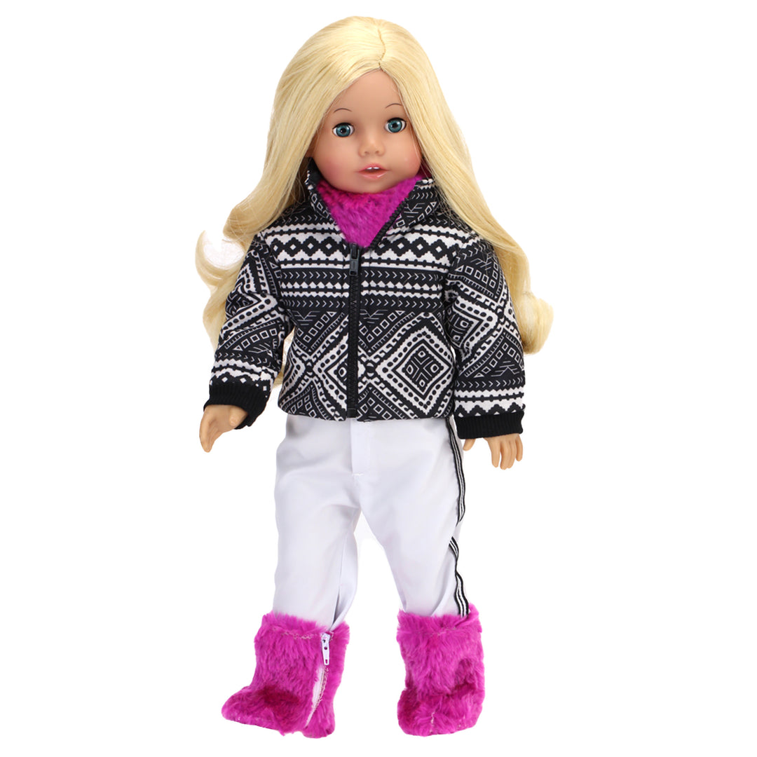 Sophia’s Mix & Match Ikat-Inspired Print Ski Coat, White Pants, Fuzzy Neck Warmer, & Matching Boots Winter Sports Outfit Set for 18” Dolls, Black/Berry